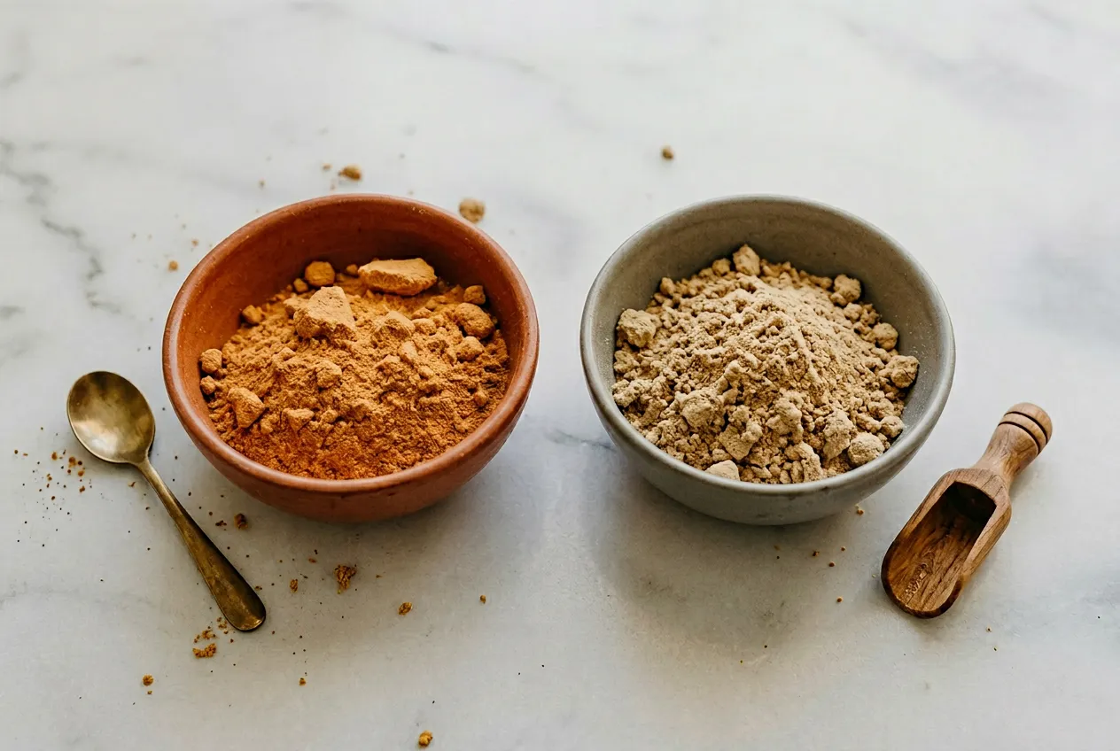 A warm cup of bone broth beside a bowl of bone broth powder, ginger, lemon and fresh herbs