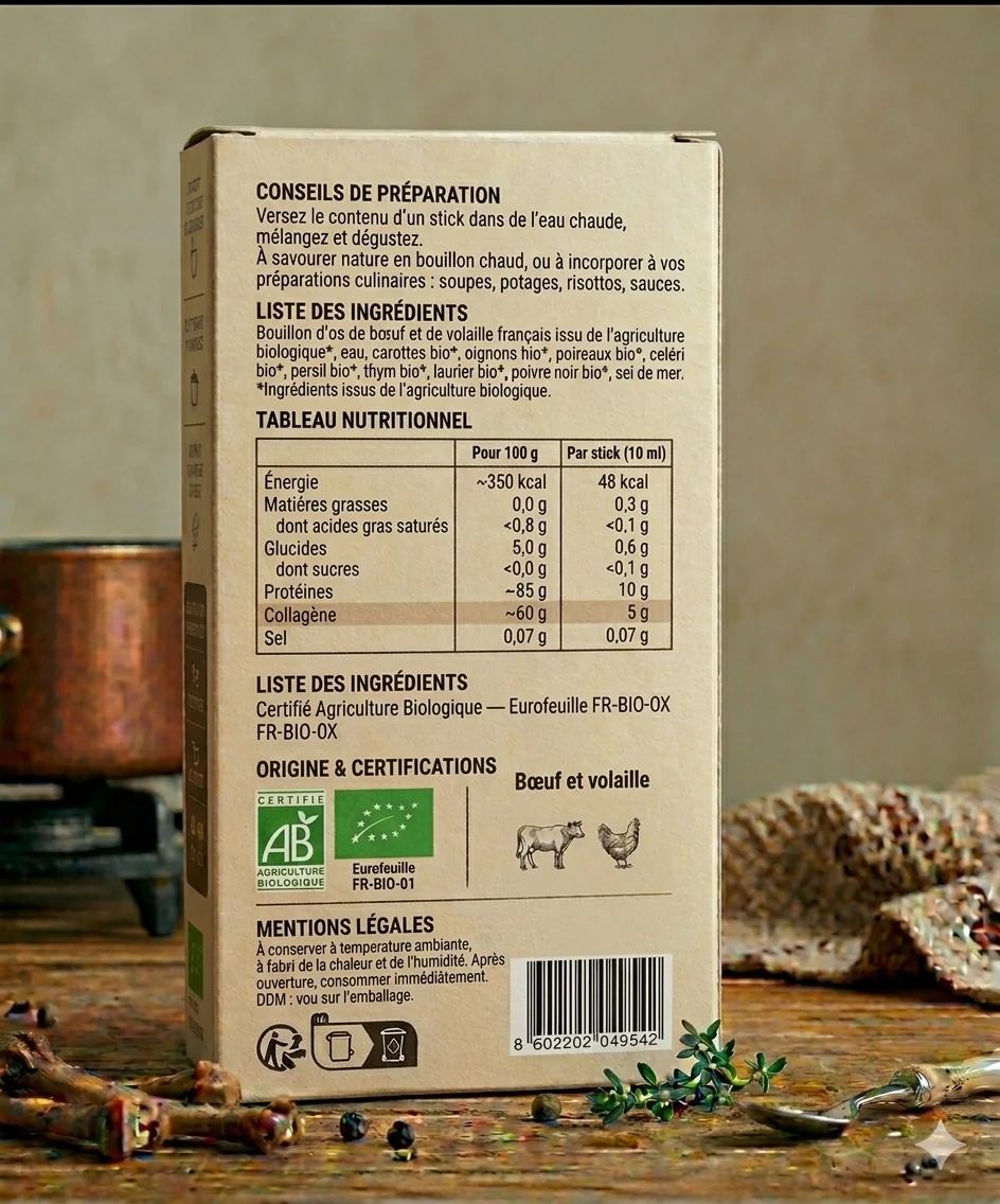 Nutrition label of the Osso organic bone broth stick showing collagen and protein content