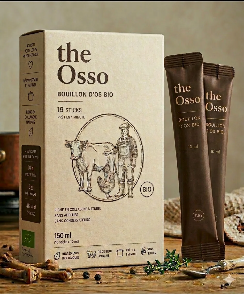 Front of the Osso organic chicken bone broth box in convenient stick format, rich in collagen
